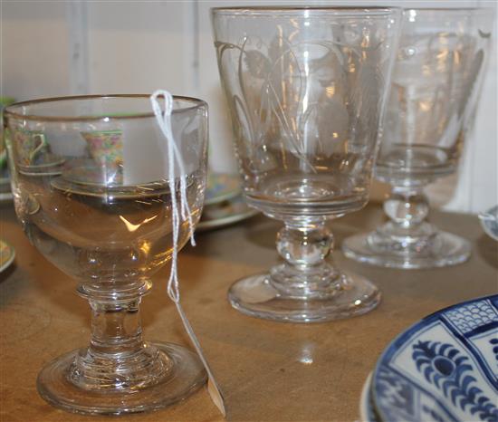 Pair 19C ale glasses, etched with hop and wheat designs and a rummer